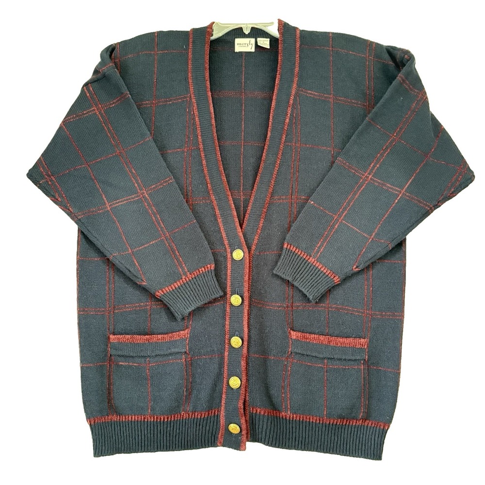 Morsly Standard Navy/Burgundy Cardigan‎ Sweater Shoulder Pads Large